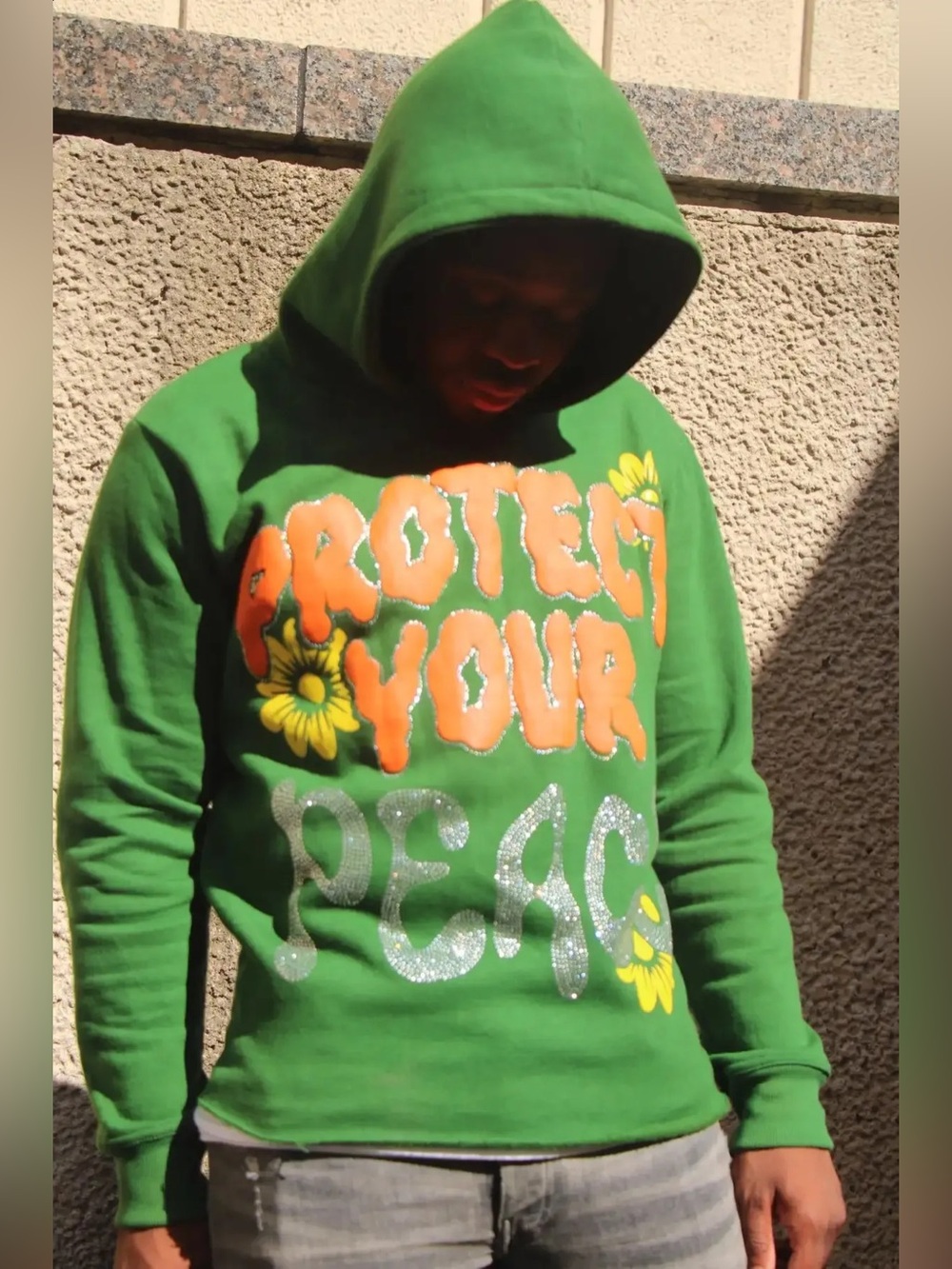 Y2K rhinestone Protect your Peace Hoodie Green | Small Euphoric